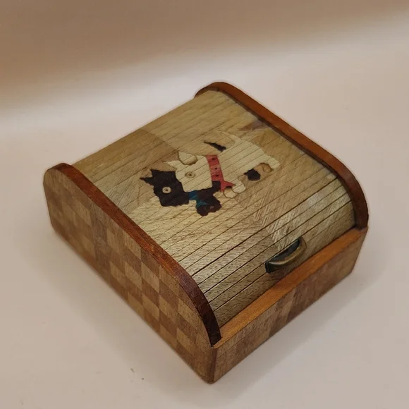 Vintage SCOTTY DOGS Inlaid Wood Case With Rolltop Articulated Lid JAPAN - Picture 1 of 8